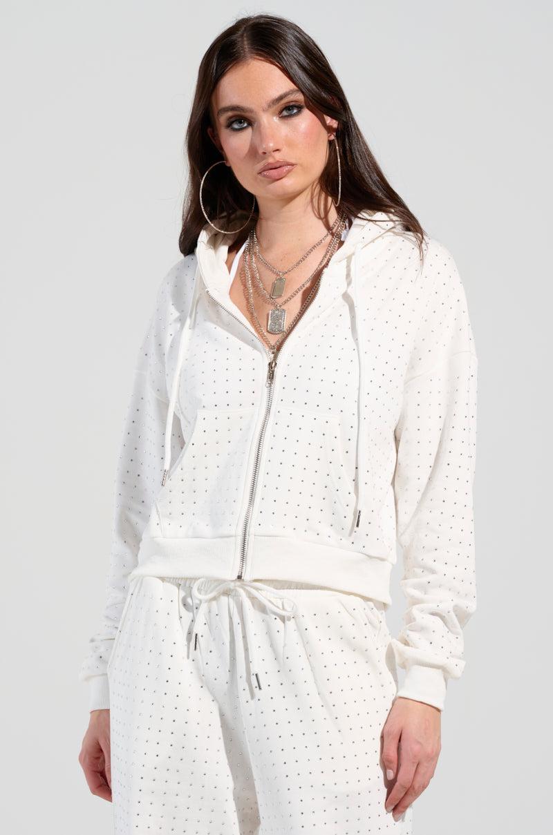 BUBBLES RHINESTONE EMBELLISHED ZIP UP SWEATSHIRT IN WHITE Product Image