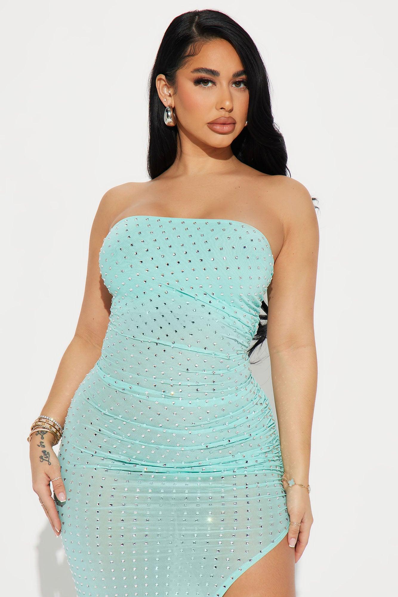 Rhinestone Mesh Maxi Dress - Aqua Product Image