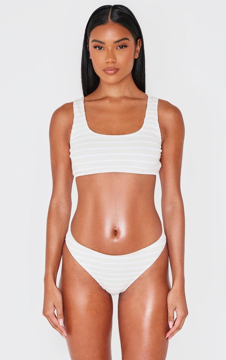 Cream Striped Crinkle Tanga Bikini Bottoms Product Image