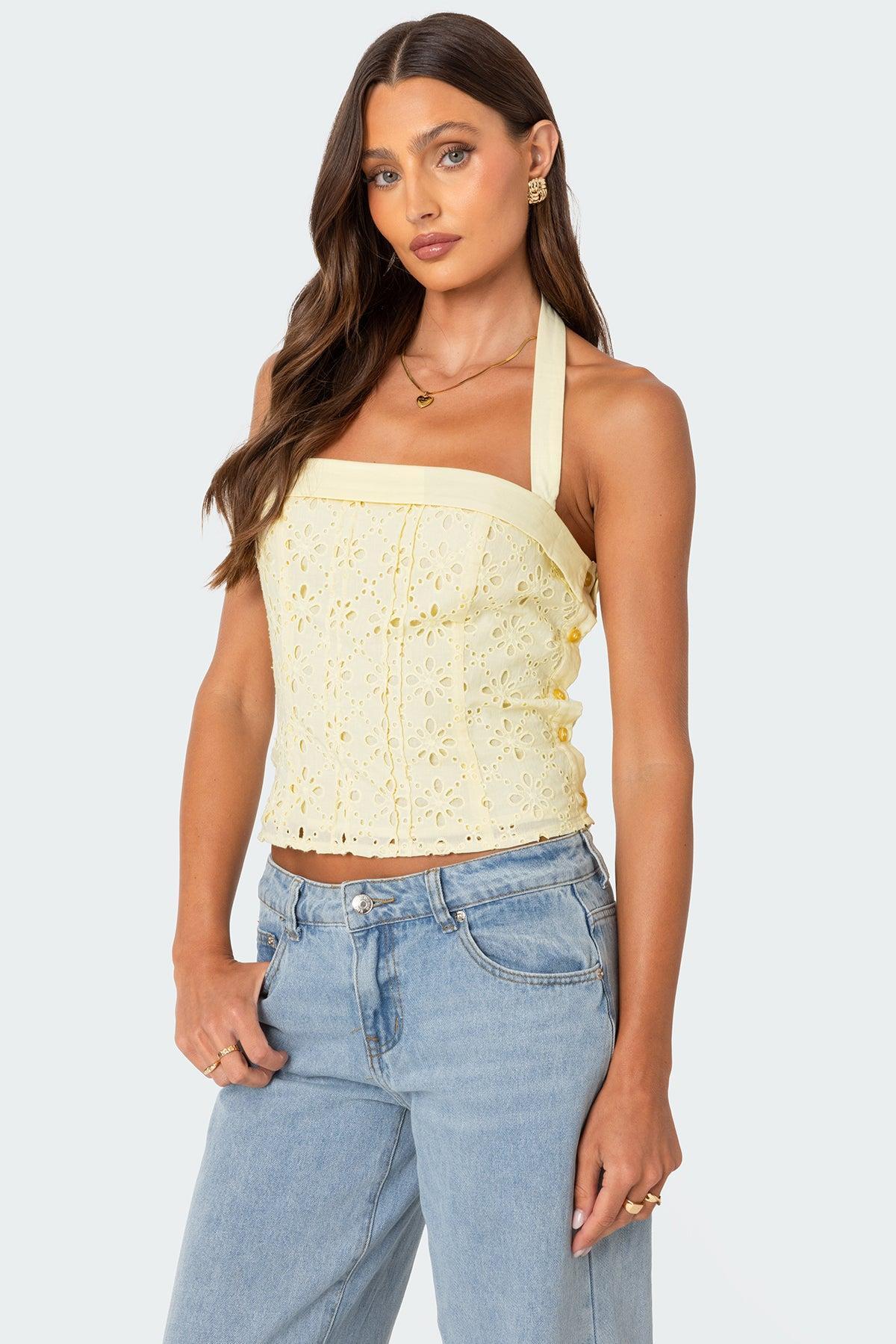 Side Button Eyelet Halter Top Product Image