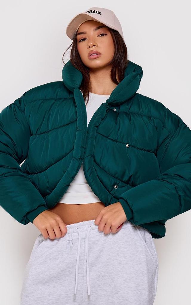 Forest Green Quilted Asymmetric High Neck Puffer Jacket Product Image