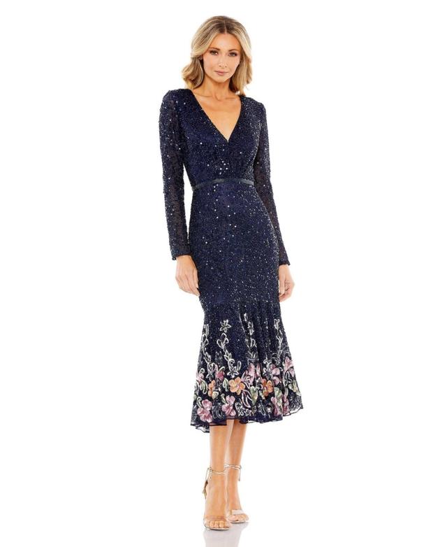 Womens Long Sleeve Faux Wrap Embellished Tea Length Dress Product Image