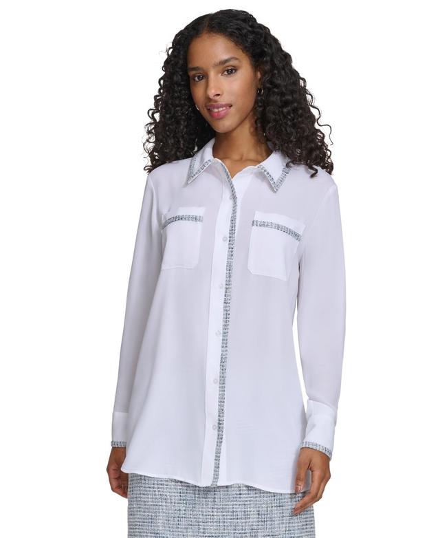 Calvin Klein Womens Tweed-Trim Button Down Shirt Product Image