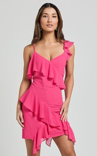 Zaria Mini Dress - Asymmetric Frill Detail Mini Dress in Hot Pink Product Image