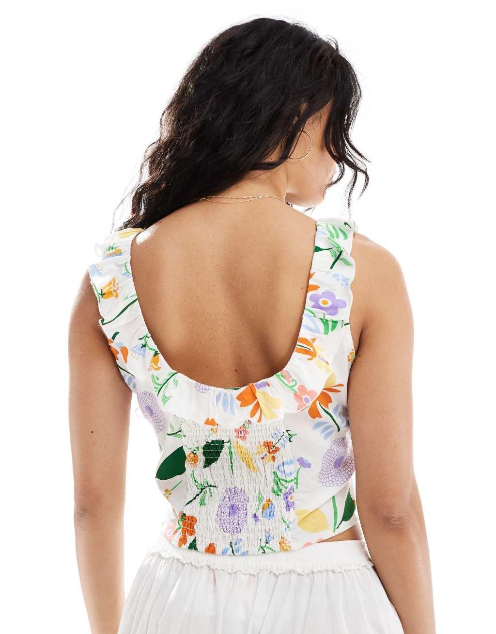 ONLY floral print scoop neck frill top in white  Product Image