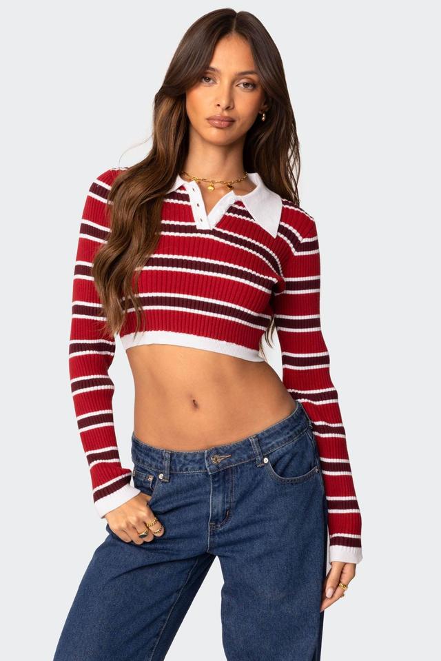 Collared Stripey Ribbed Crop Top Product Image