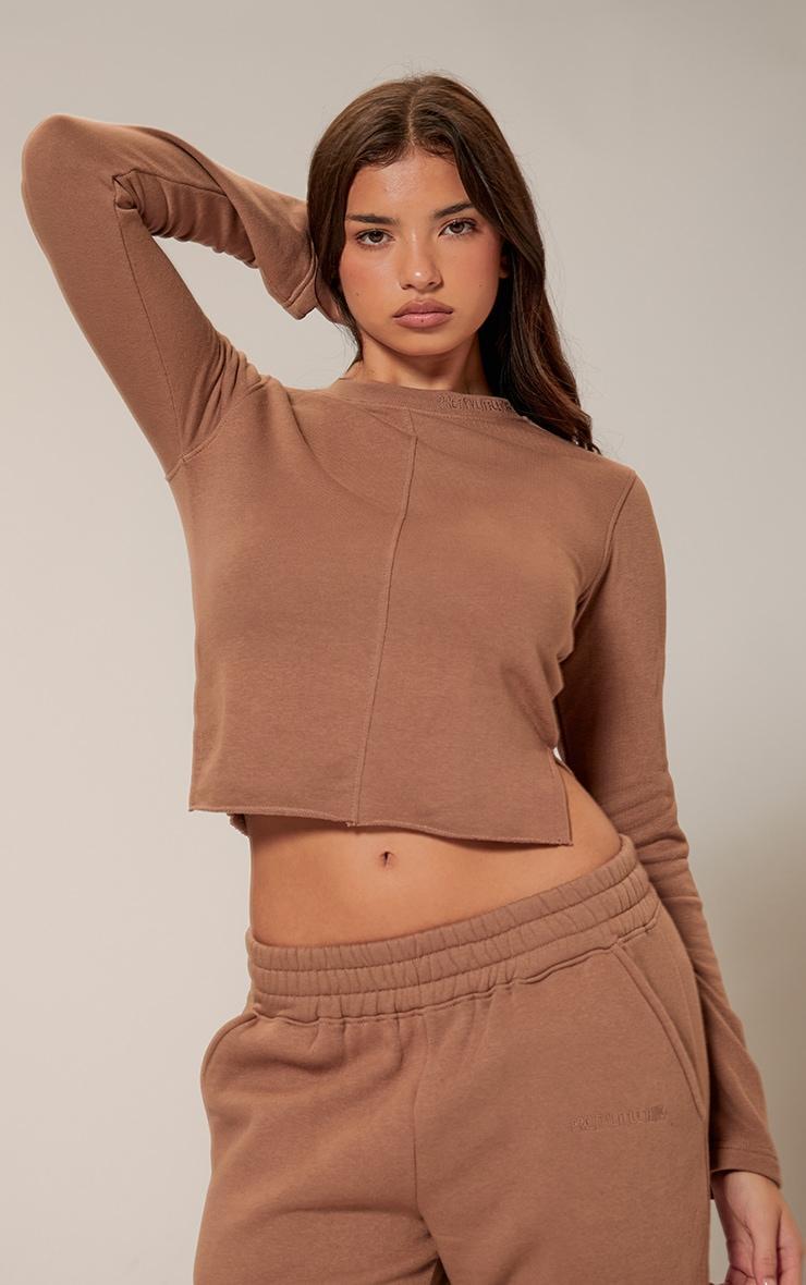 PRETTYLITTLETHING Taupe Embroidered Raw Hem Seam Detail Fitted Long Top Product Image