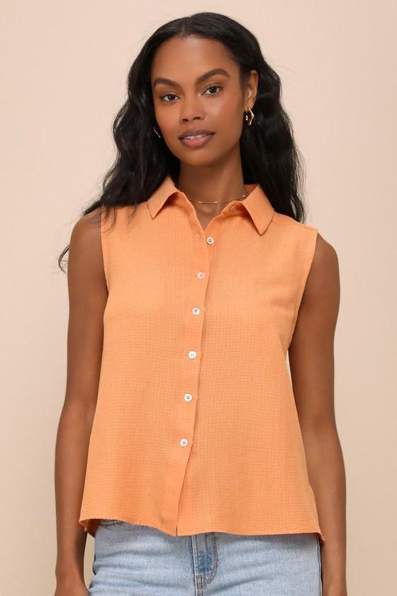 Exceptionally Perfect Orange Textured Sleeveless Button-Up Top product image