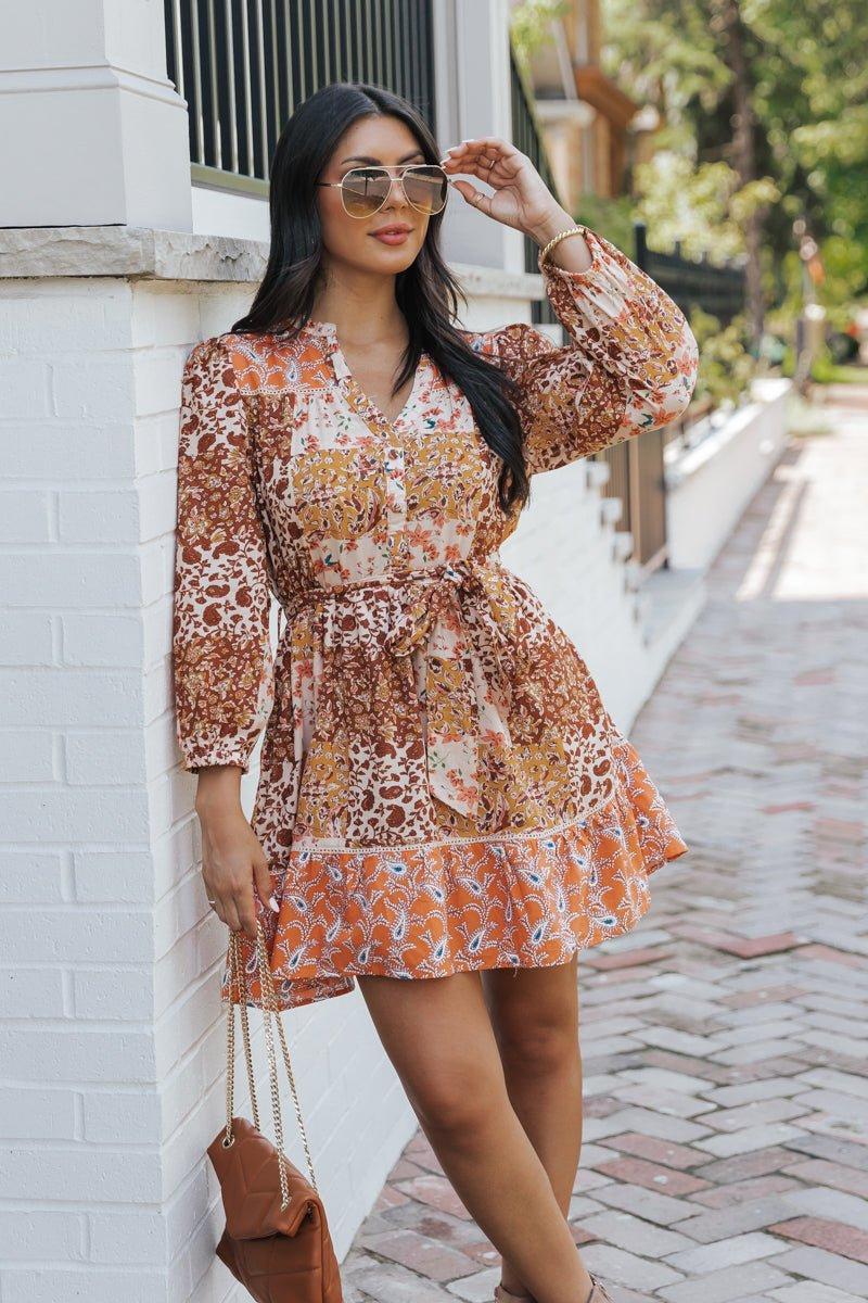 Orange Floral Print Belted Mini Dress - FINAL SALE Product Image