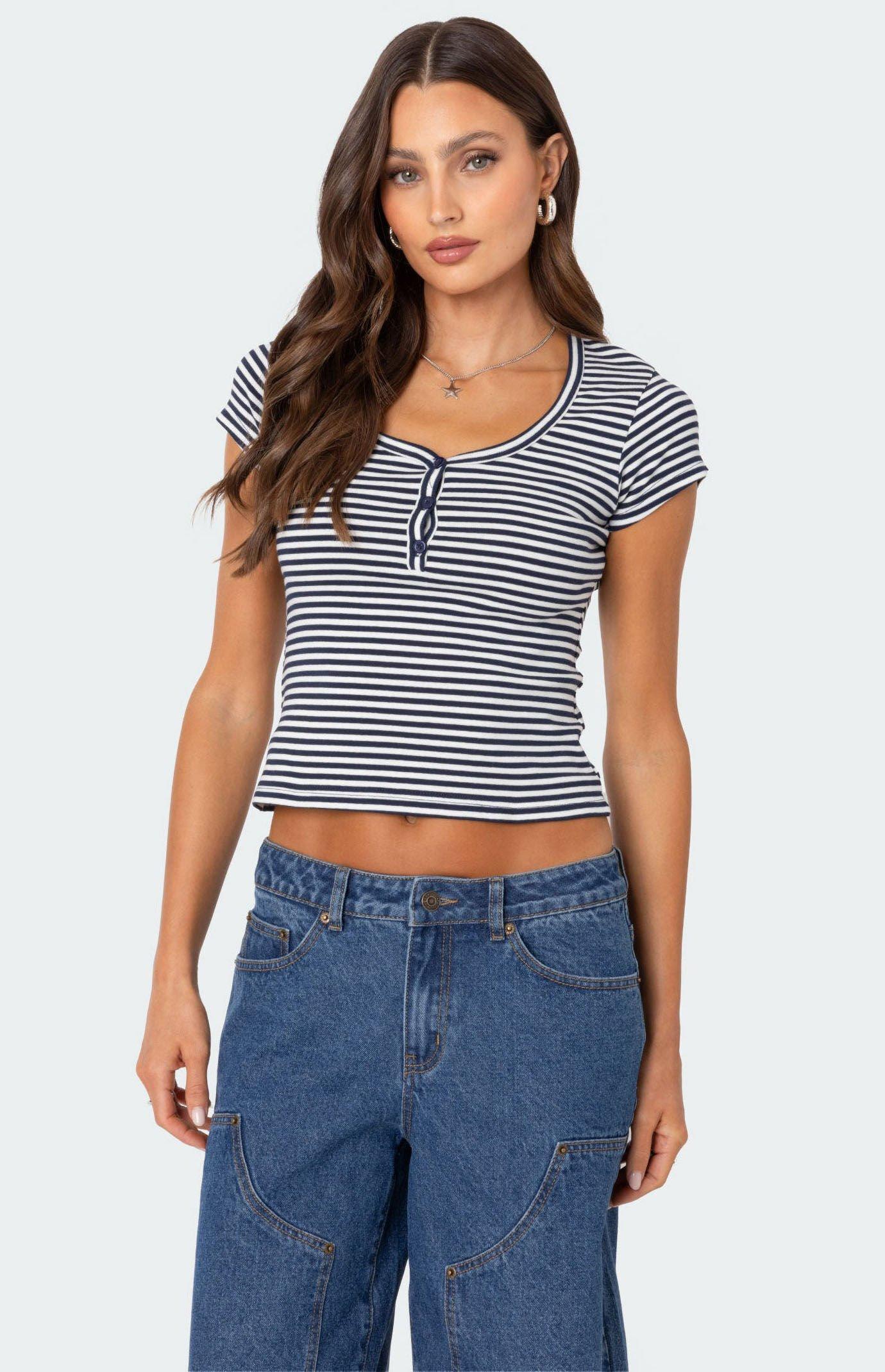 Edikted Women's Kady Striped Henley T-Shirt product image