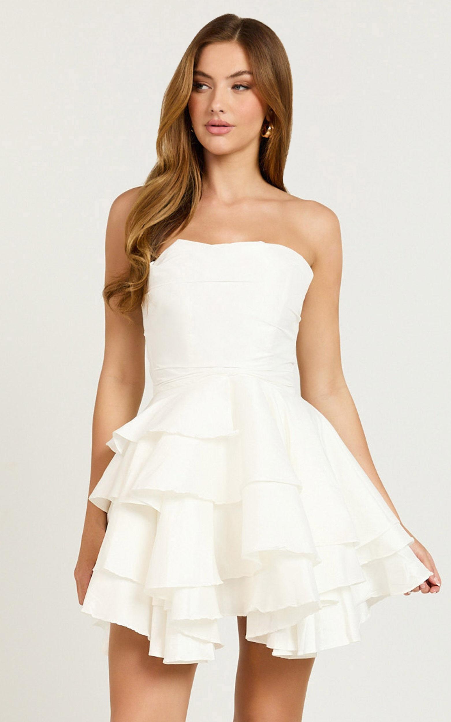 Allisyn Mini Dress - Strapless Tiered Flare Dress in White Product Image