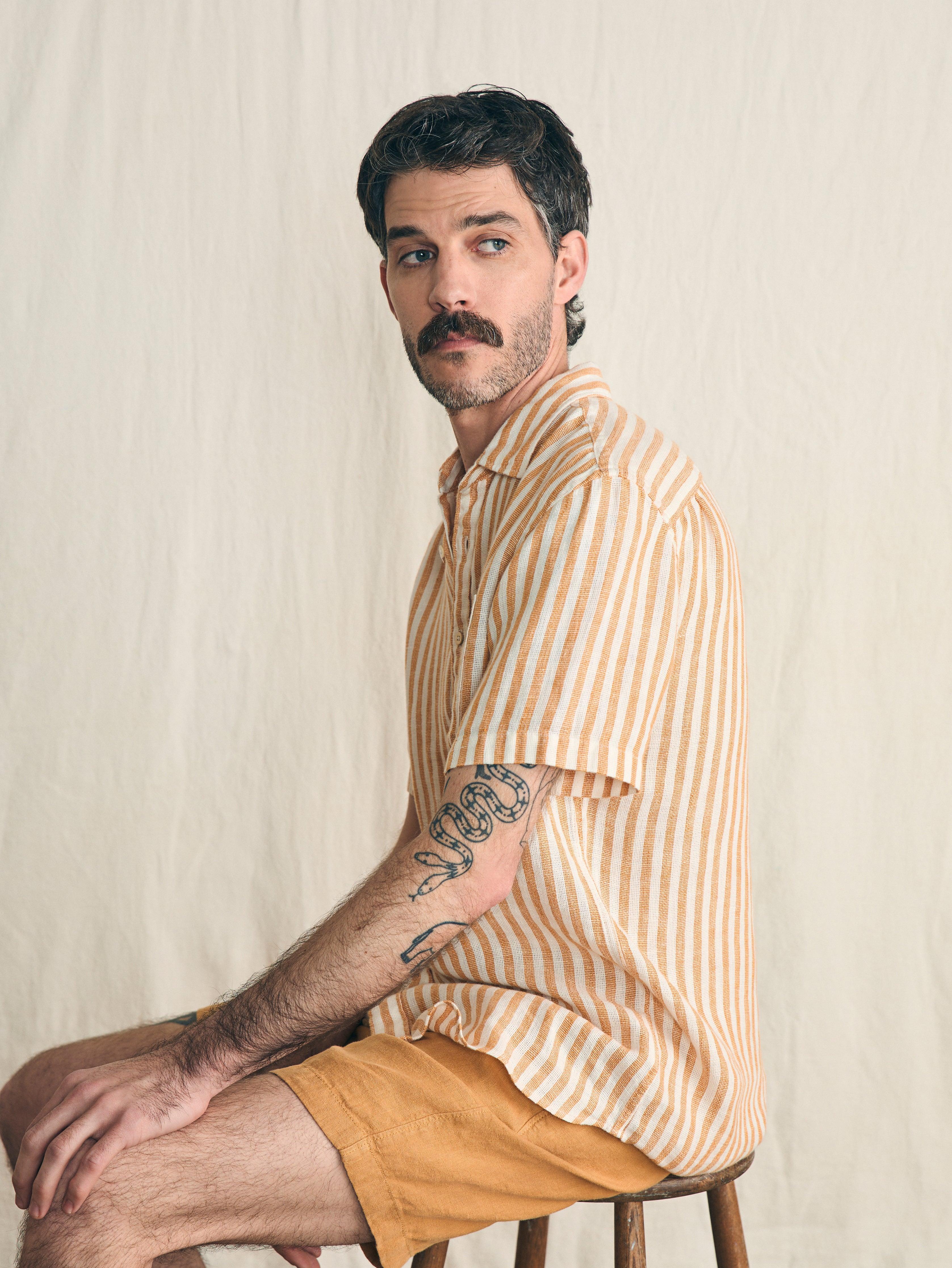 Short-Sleeve Palma Linen Shirt - Gold Ivory Stripe Male Product Image