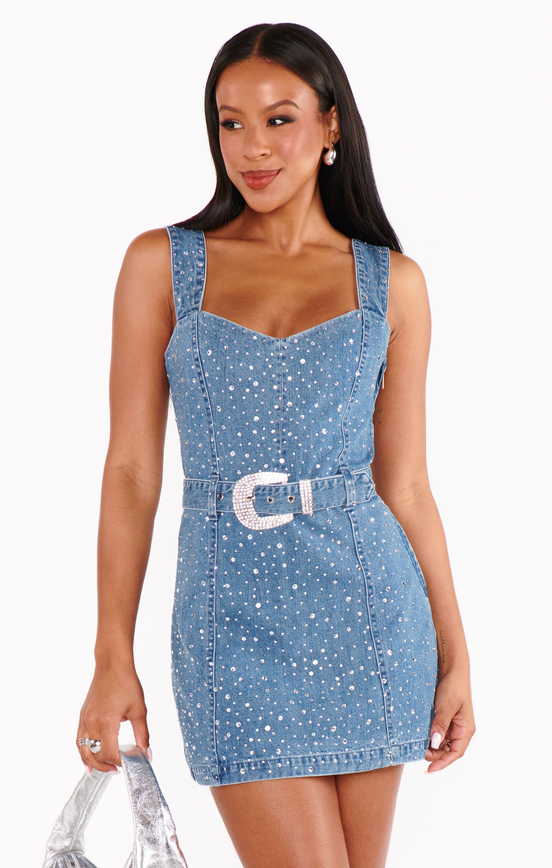 Vegas Mini Dress ~ Embellished Rhinestone Denim Product Image