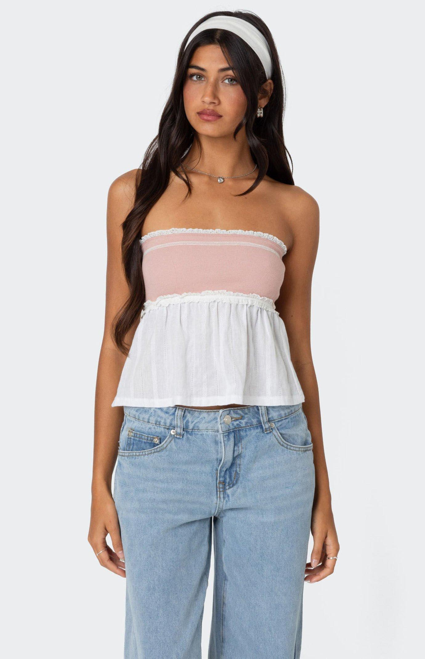 Edikted Women's Rena Ribbed Peplum Tube Top in Pink/White - product image