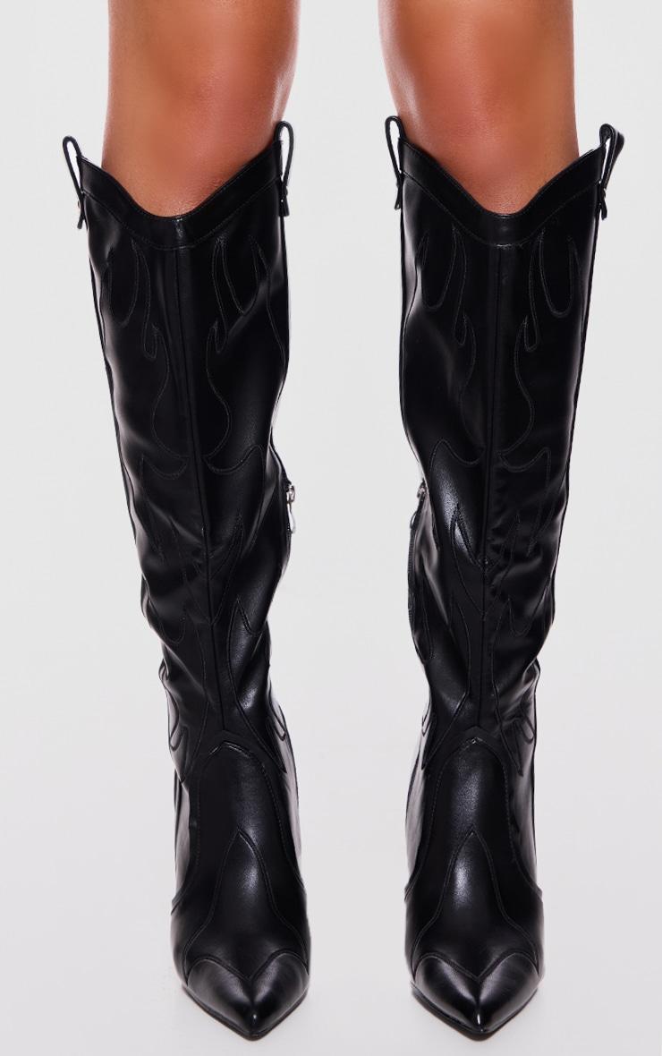 Black PU Point Toe Western Stiletto Heeled Knee High Boots Product Image