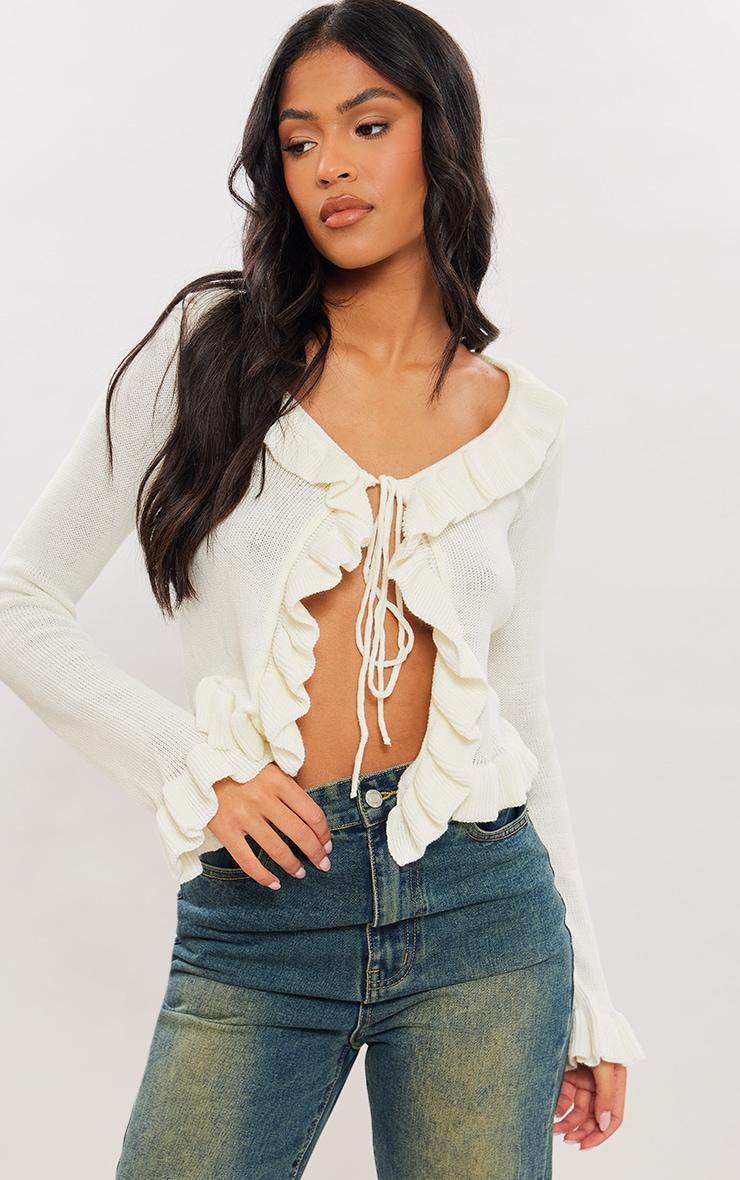 Tall Cream Tie Front Ruffle Detail Knit Cardigan product image