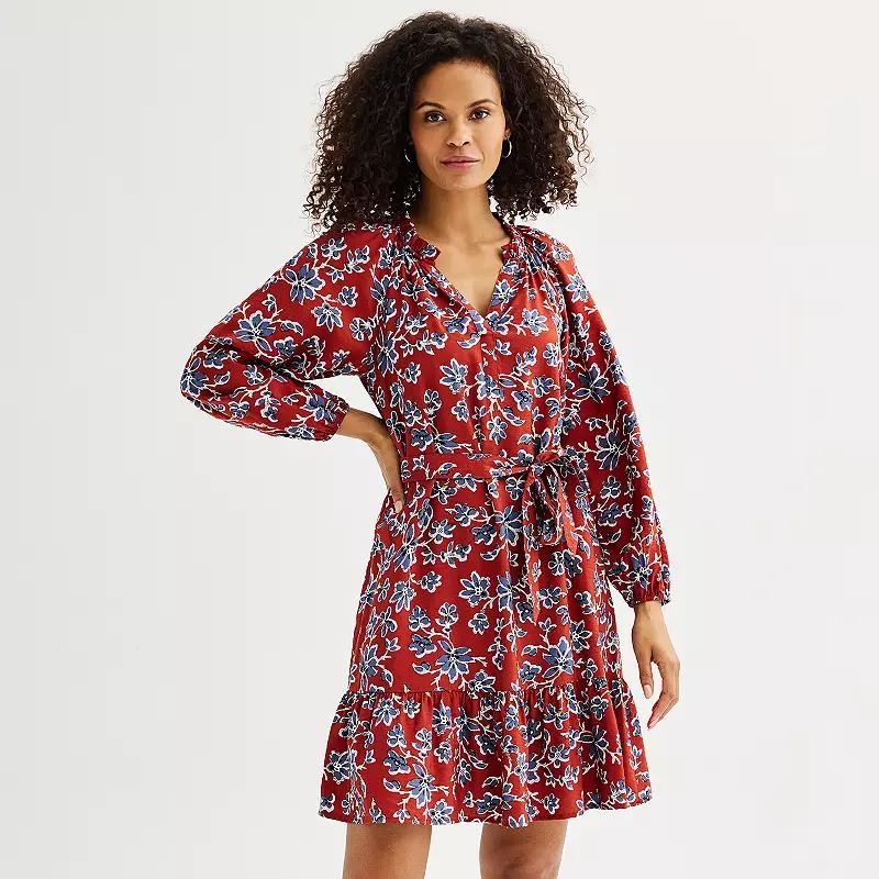 Petite Sonoma Goods For Life Printed Split Neck Long Sleeve Ruffle Dress, Womens Red Blue Floral Product Image