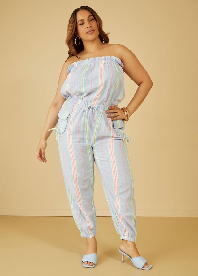 Striped Strapless Joggers Jumpsuit Product Image