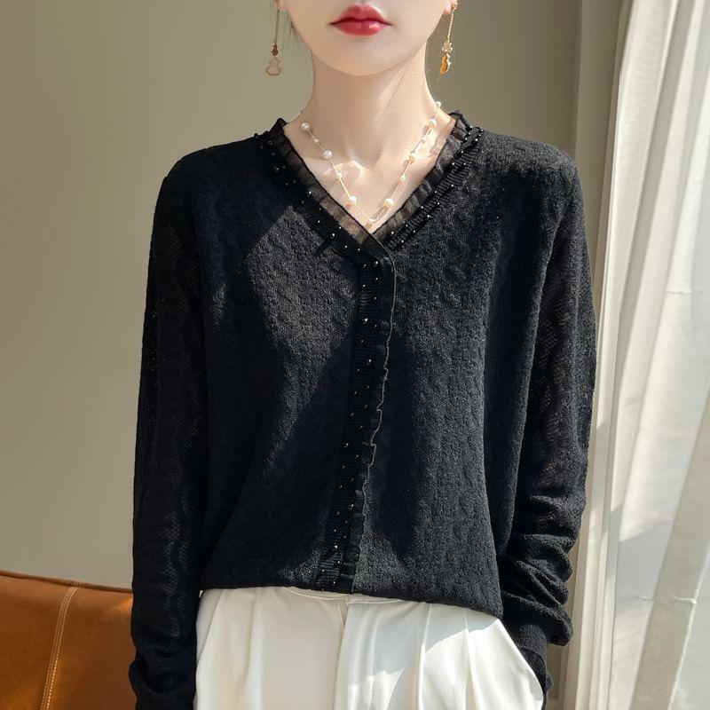 V-Neck Beaded Plain Cardigan Product Image