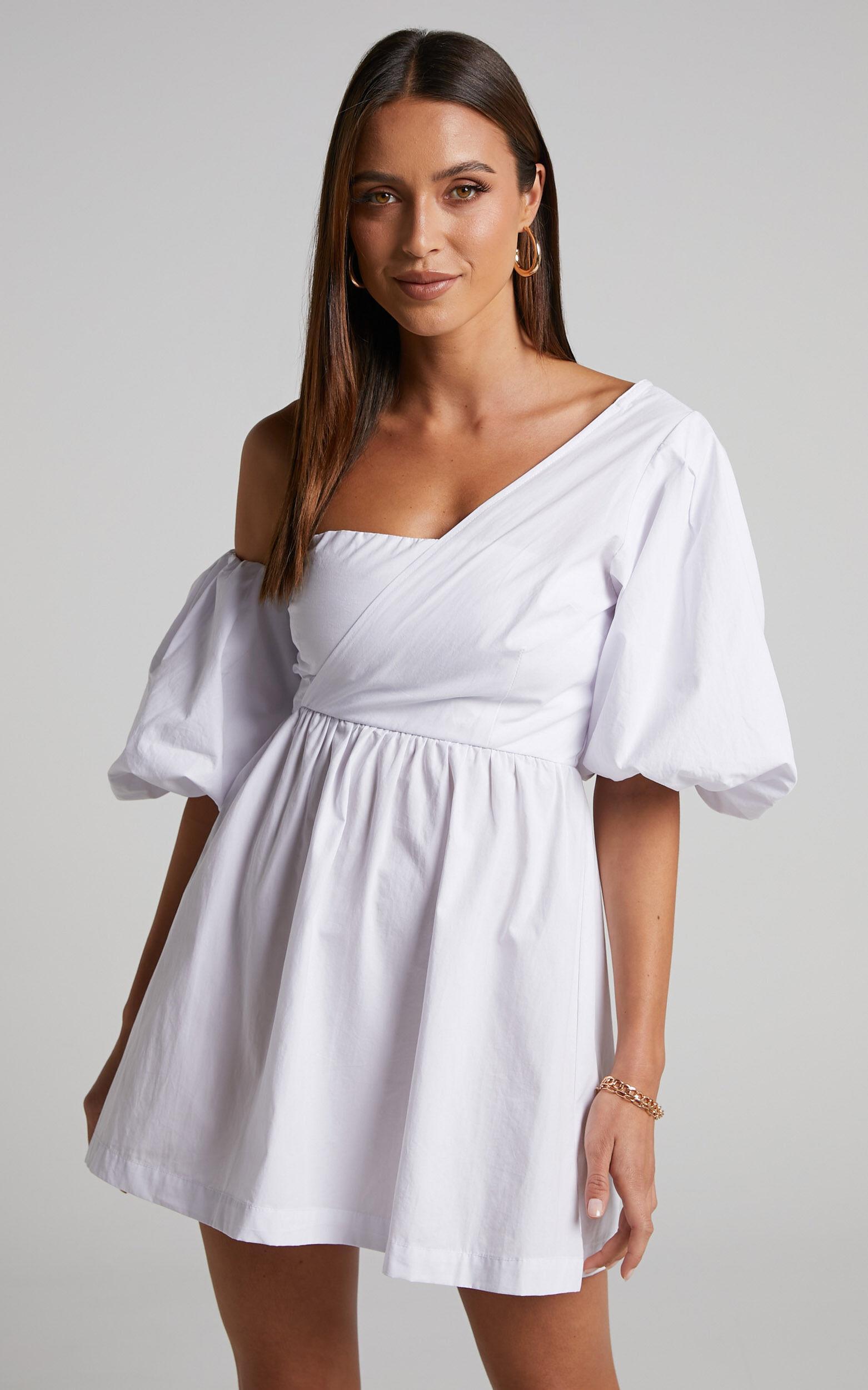 Sula Mini Dress - Asymmetric Off One Shoulder Puff Sleeve Dress in White Product Image