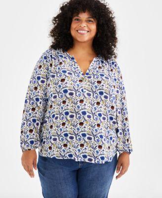 Plus Size Printed Split-Neck Popover Blouse, Created for Style & Co Product Image