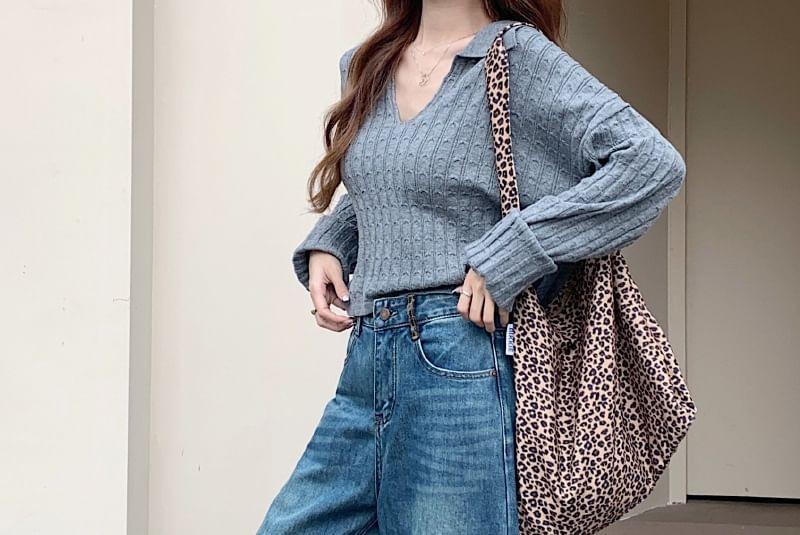 High Waist Leopard Print Panel Fleece-Lined Washed Wide Leg Jeans Product Image