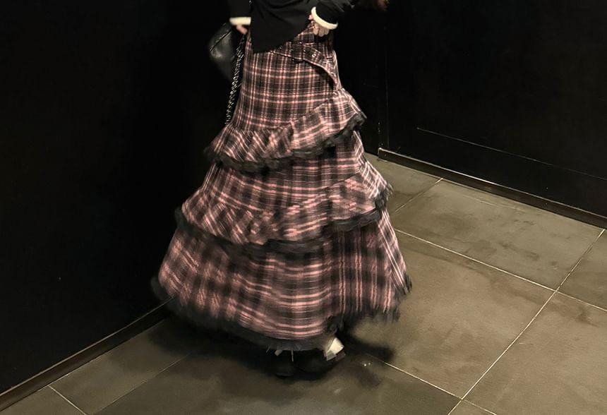 Long-Sleeve Scoop Neck Butterfly Crop Top / High Waist Plaid Ruffle Trim Maxi A-Line Skirt Product Image