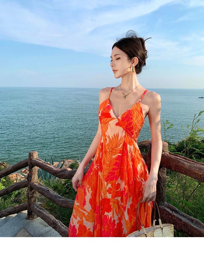 Spaghetti Strap V-Neck Floral Print Midi A-Line Dress Product Image