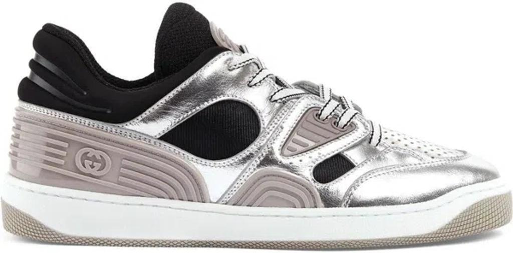 GUCCI Leather Basket Sneakers In Silver Product Image