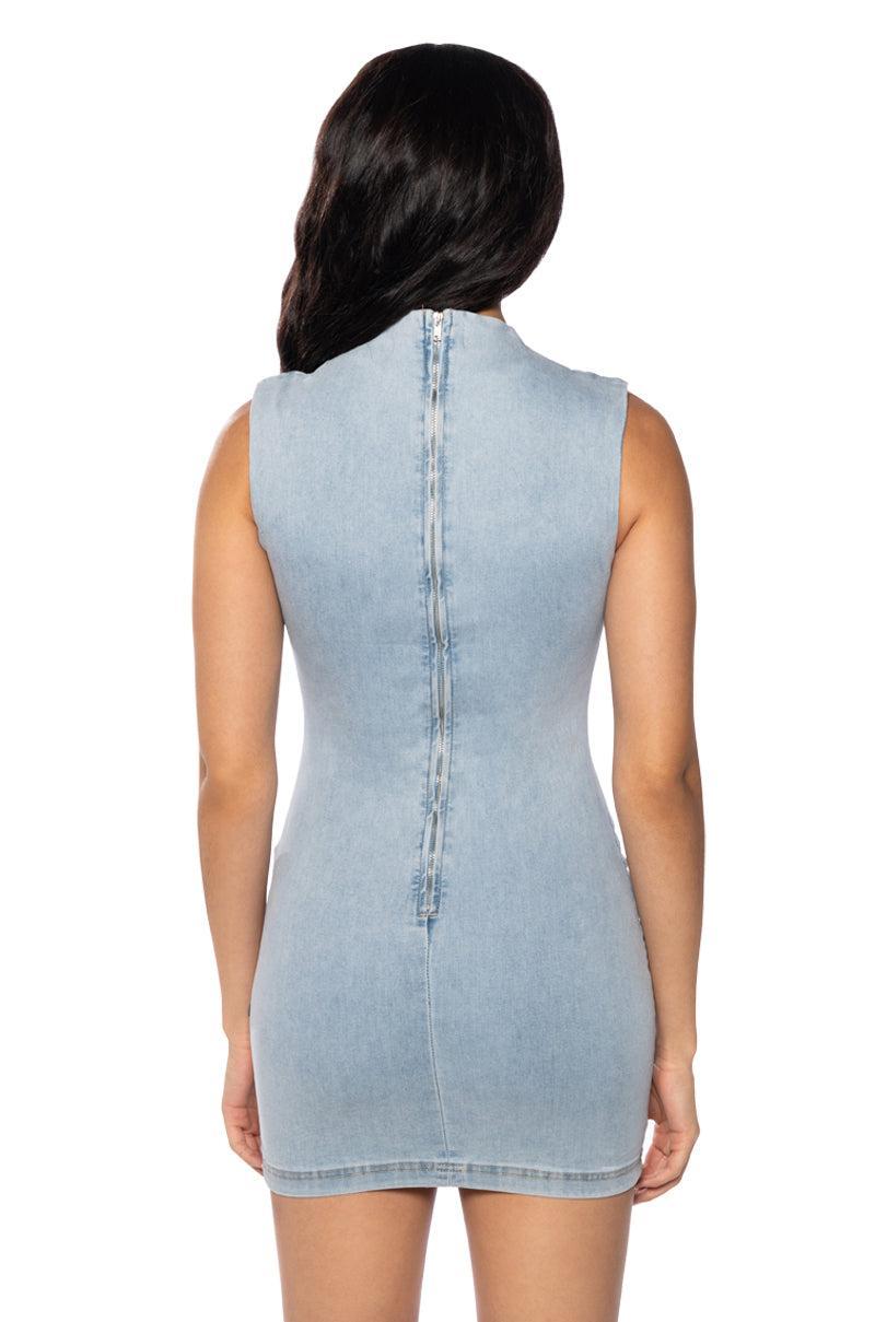 INTO THE NIGHT DENIM BODYCON MINI DRESS IN LIGHT BLUE Product Image