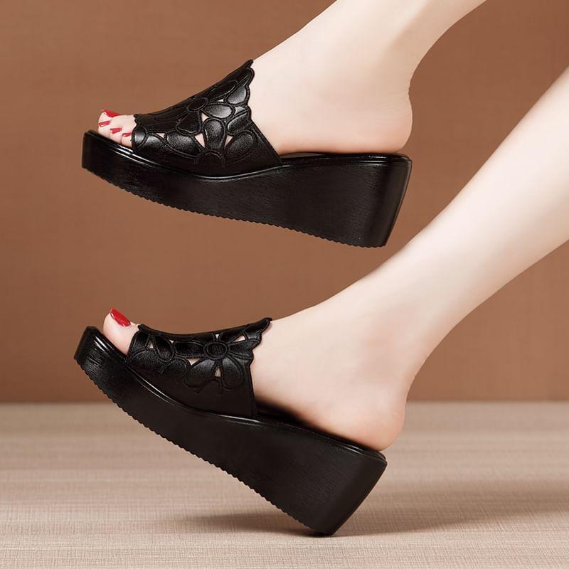 Platform Wedge Heel Plain Perforated Faux Leather Slide Sandals Product Image