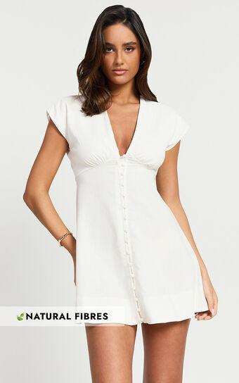 Tallulah Mini Dress - Linen Look V Neck A Line Dress in White Product Image