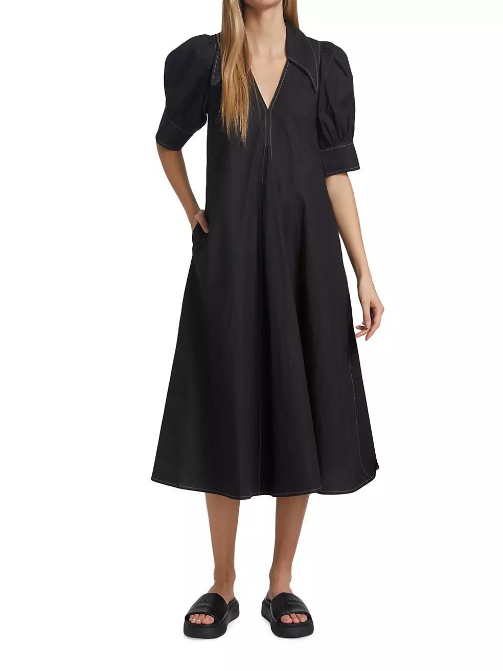 Cotton Poplin V-Neck Midi-Dress Product Image