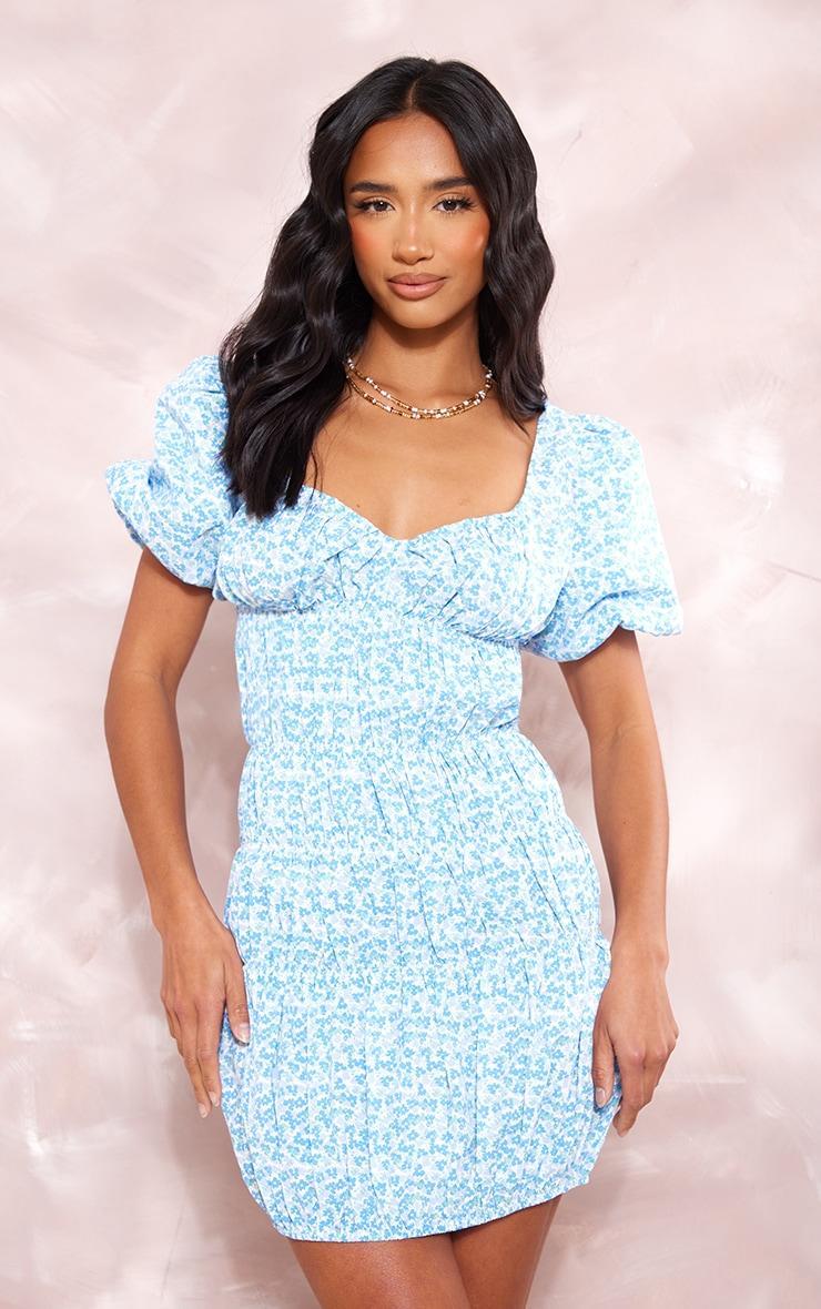 Petite Blue Floral Puff Sleeve Mini Dress Product Image