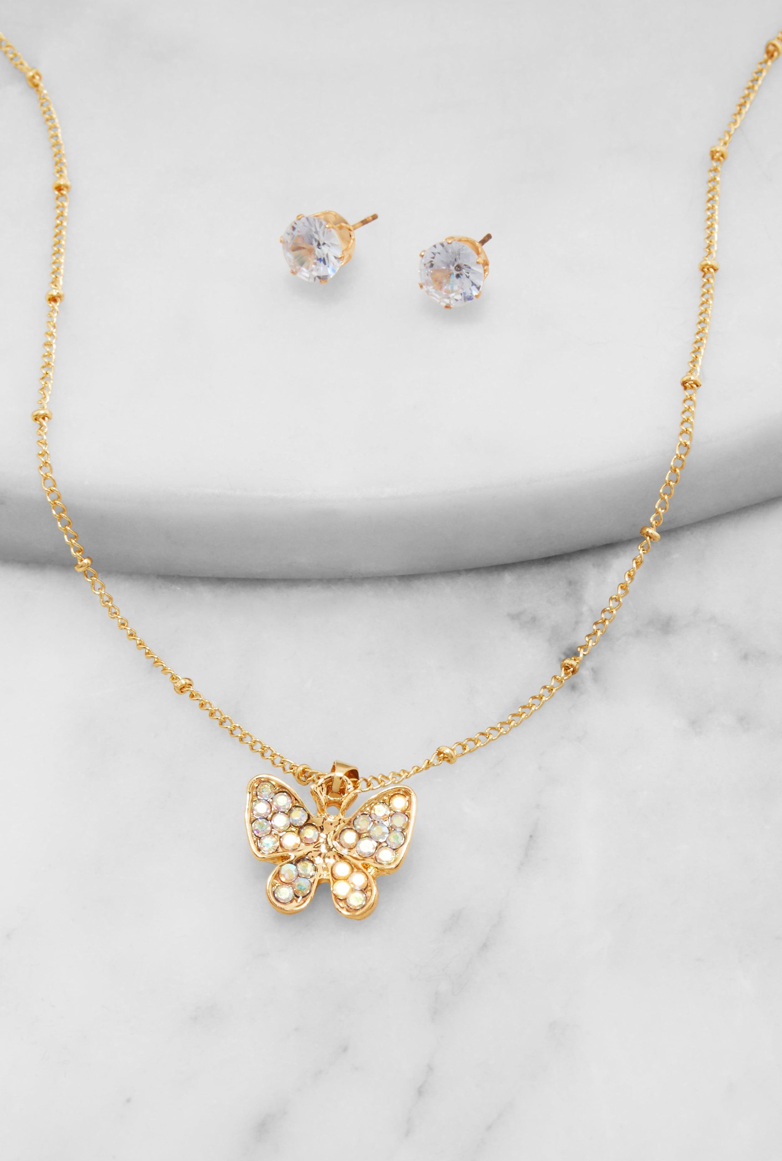 Cubic Zirconia Butterfly Charm Necklace with Stud Earrings Female Product Image