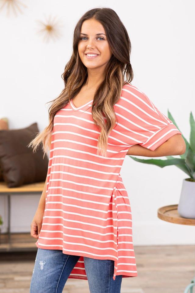 Coral and Off White Stripe V-Neck Top Product Image