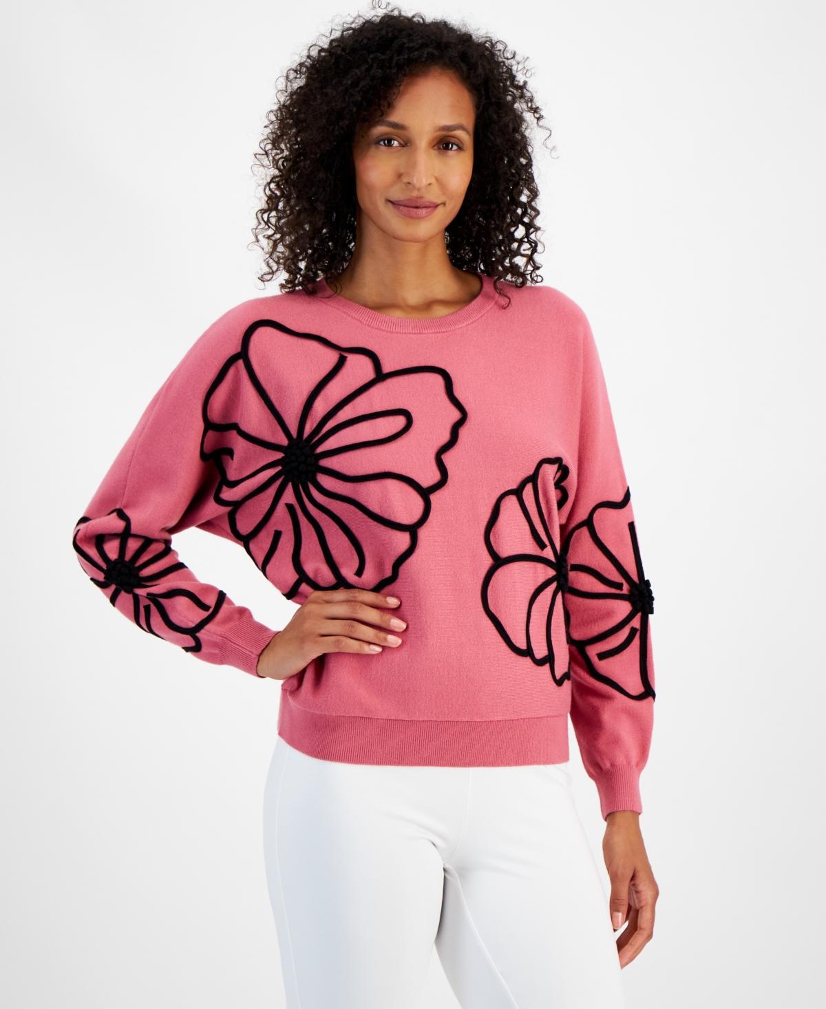 T Tahari Womens 3D Floral-Trim Dolman-Sleeve Sweater Product Image