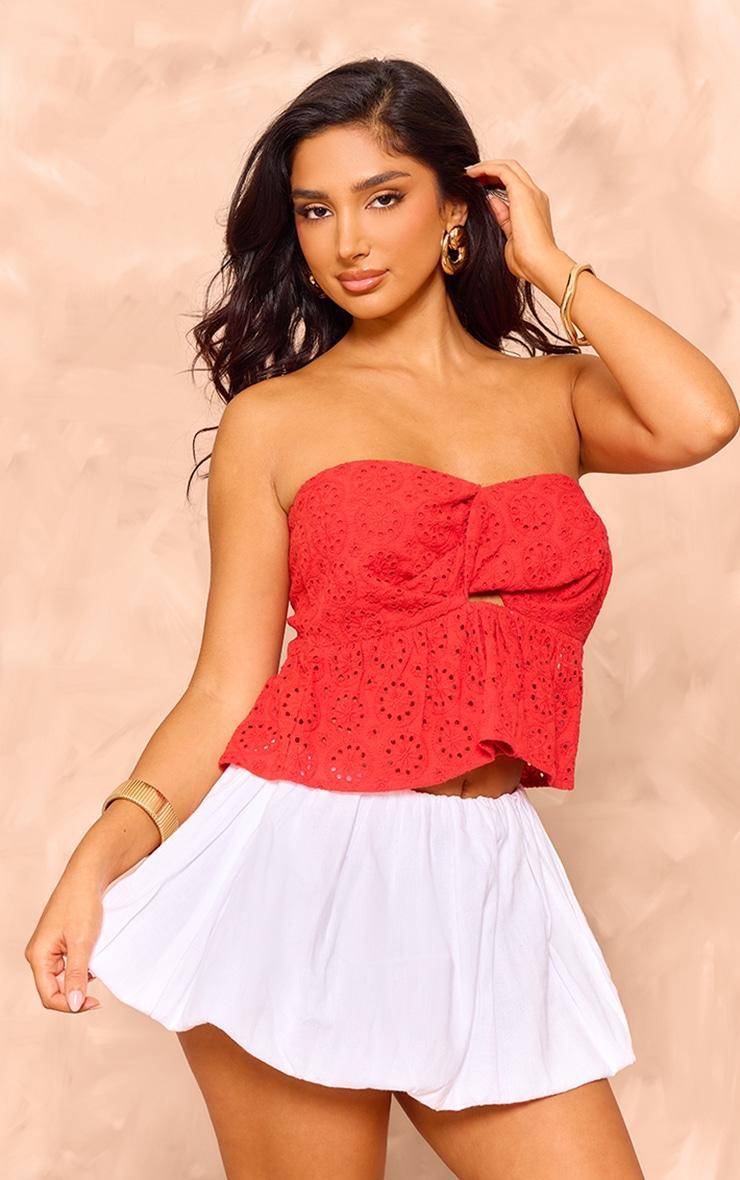 Petite Red Broderie Twist Front Crop Top Product Image