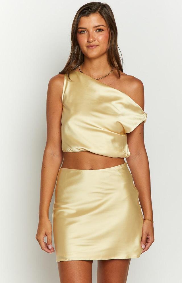 Scotlyn Yellow Satin Off The Shoulder Crop Top Product Image