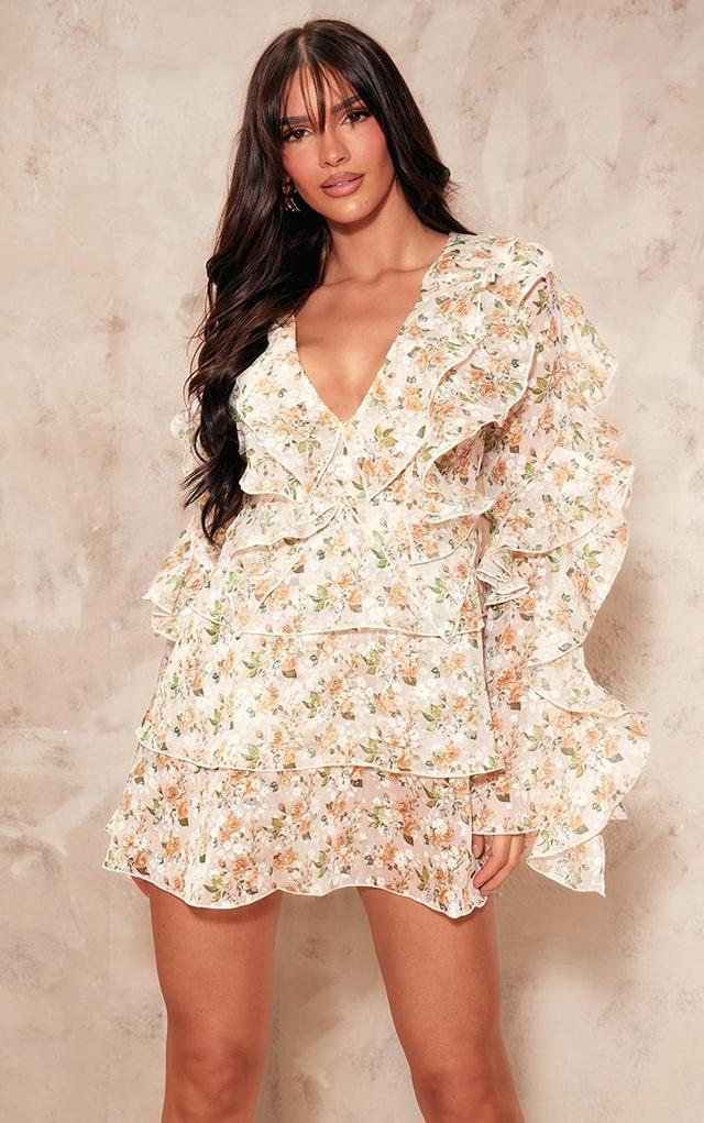 Cream Floral Chiffon Long Sleeve Frill Mini Dress Product Image