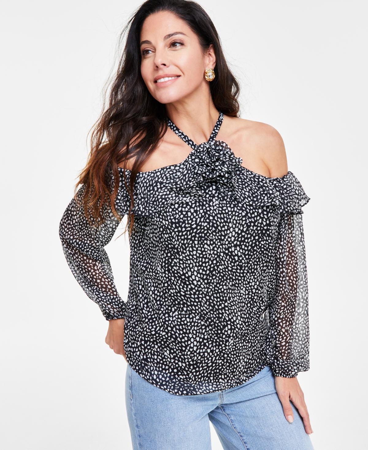 I.n.c. International Concepts Womens Printed Rosette Cold-Shoulder Top, Created for Macys Product Image