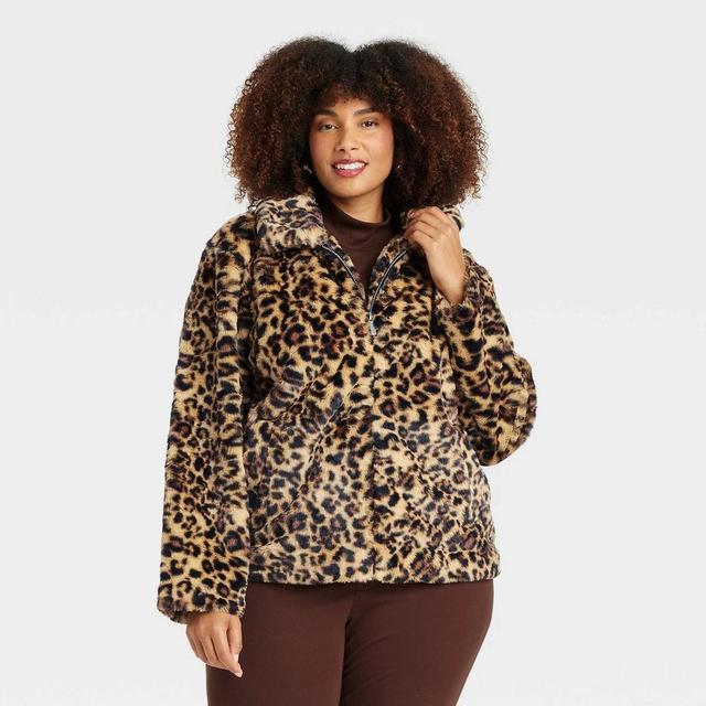 Womens Faux Fur Jacket - A New Day Brown Leopard Print Product Image