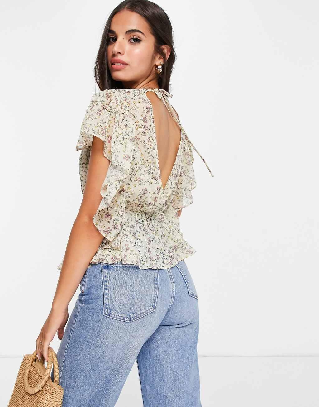 ASOS DESIGN v neck top with ruffle sleeve detail in sheer floral print  Product Image