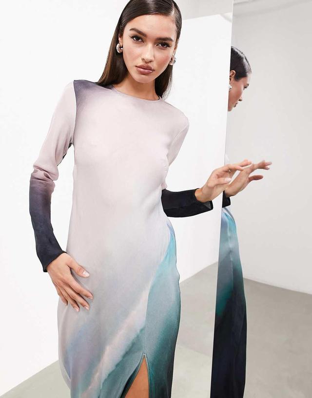 ASOS EDITION long sleeve bias cut maxi dress in placement ombre print Product Image