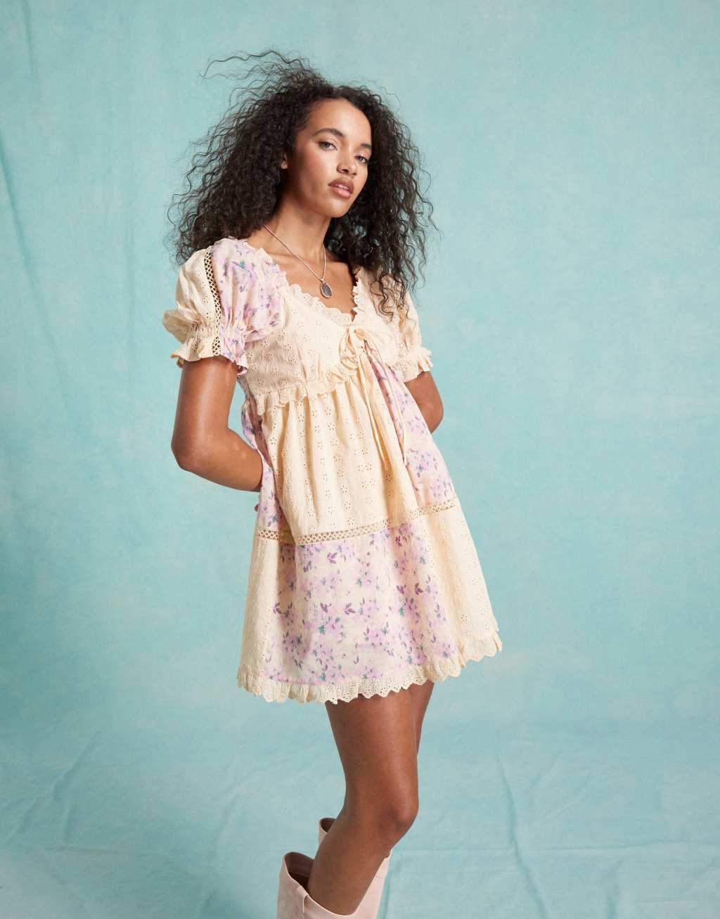 Miss Selfridge fabric mix babydoll mini dress in patchwork Product Image