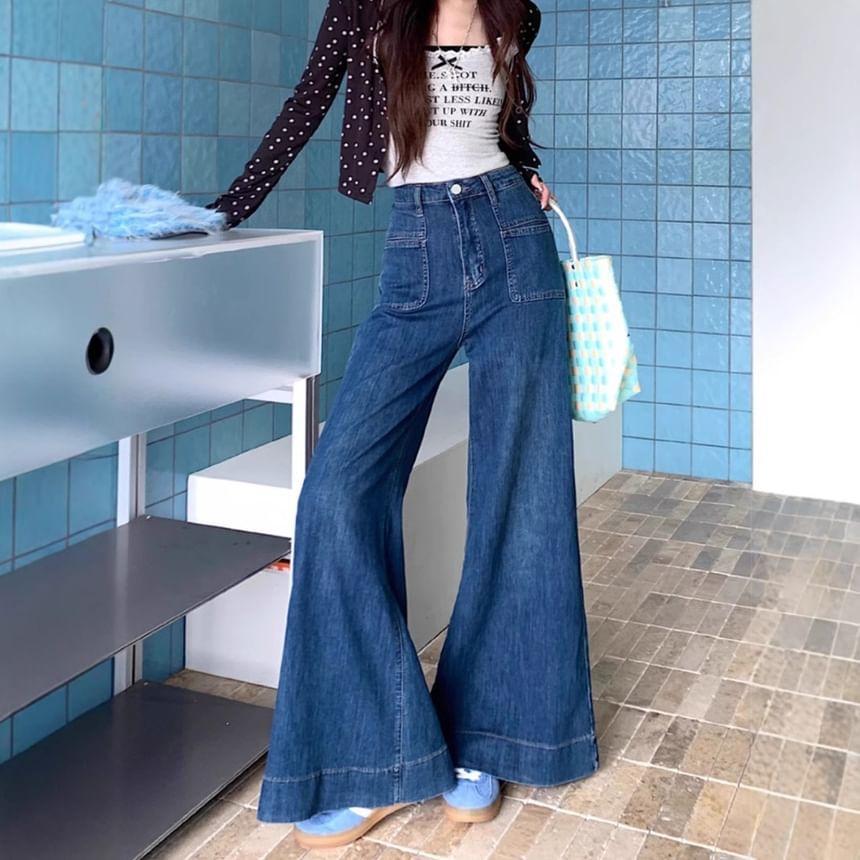 High Rise Washed Fleece Flared Jeans Product Image