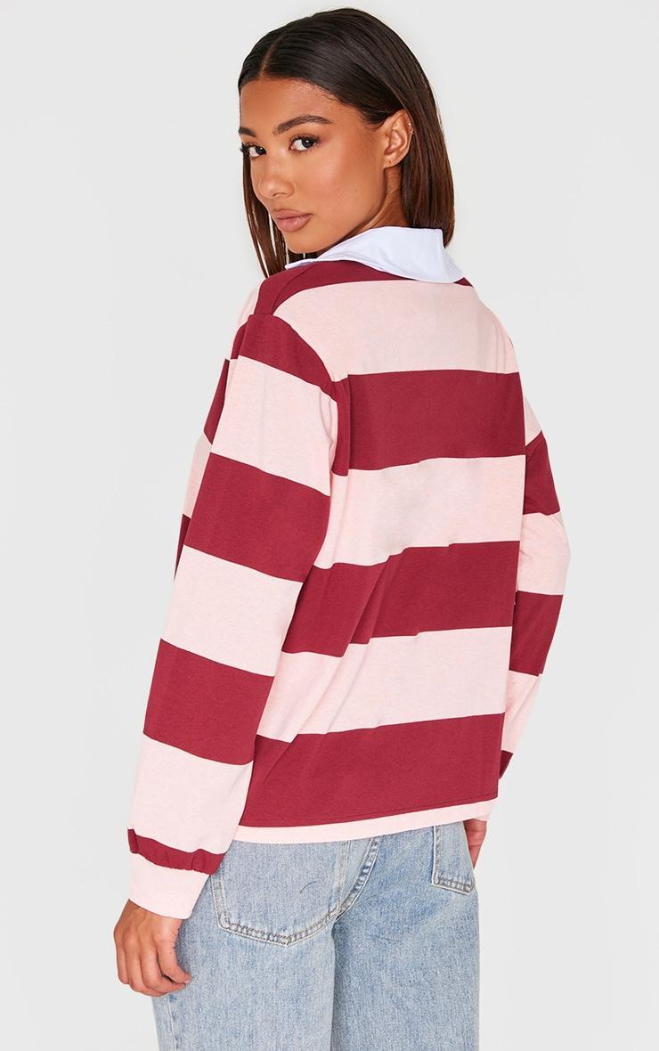 Burgundy Striped Collar Detail Long Sleeve T Shirt Product Image