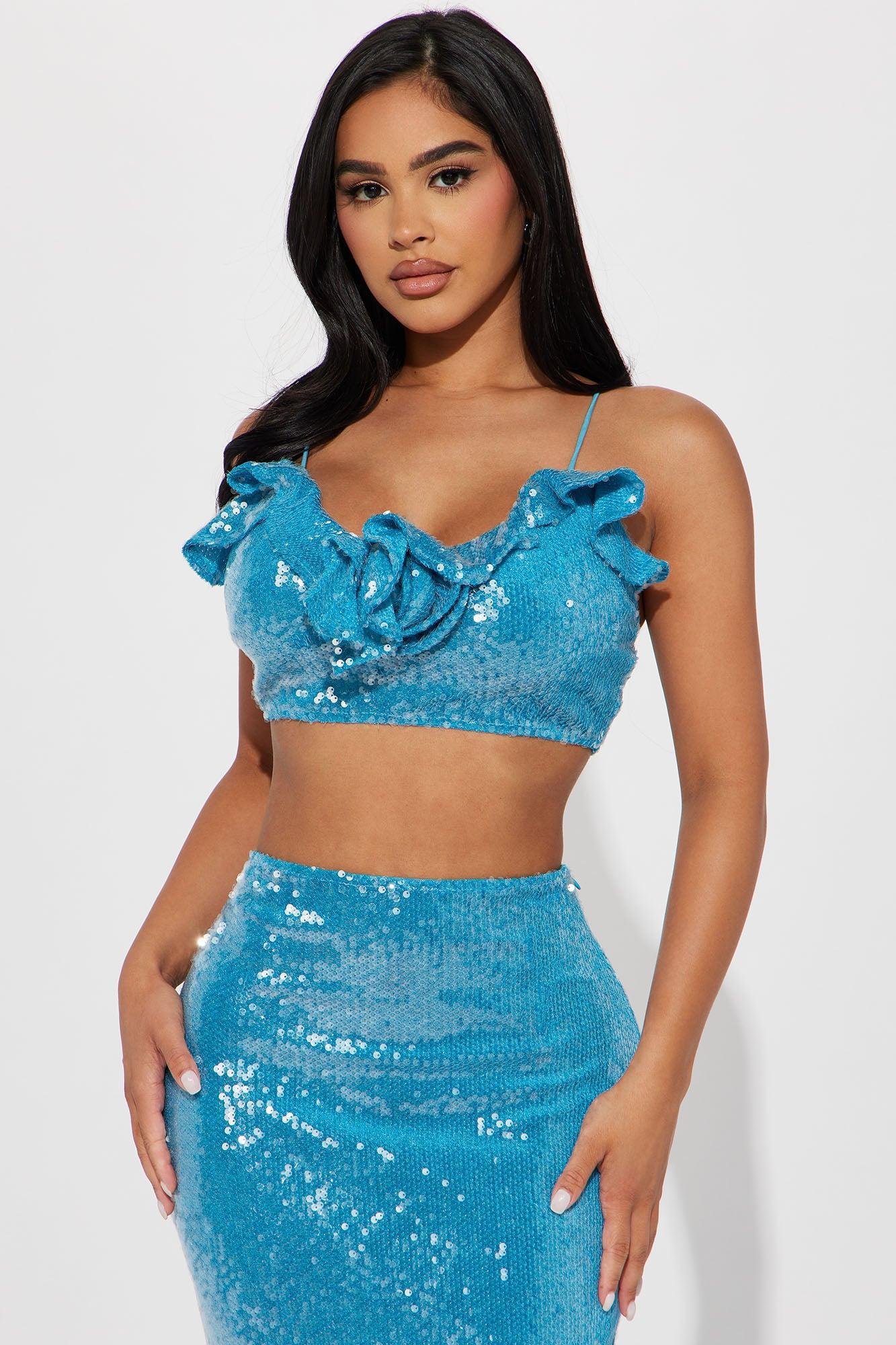 Got A Crush Velvet Sequin Skirt Set - Aqua Product Image