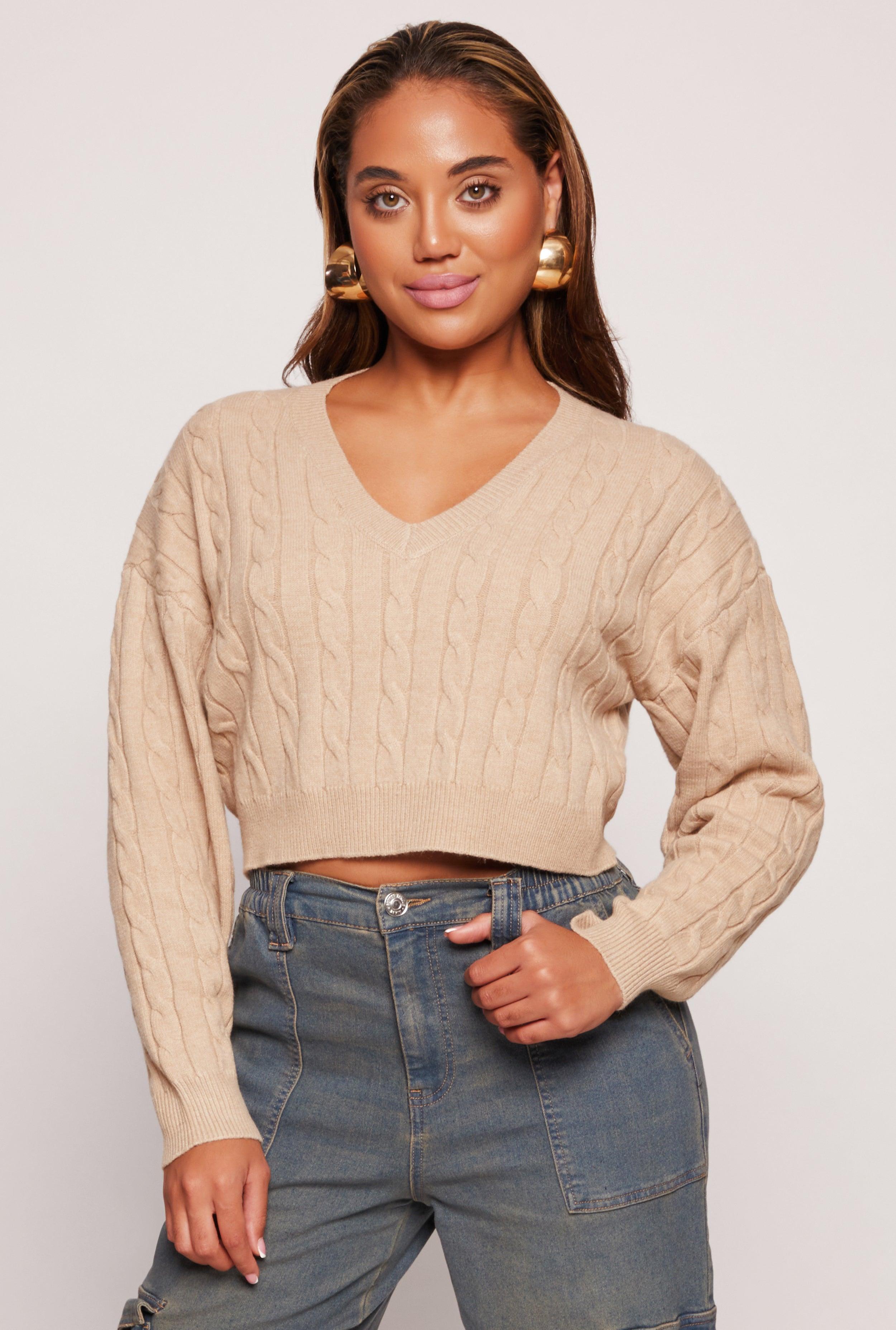 Womens Cable Knit V Neck Cropped Sweater Product Image