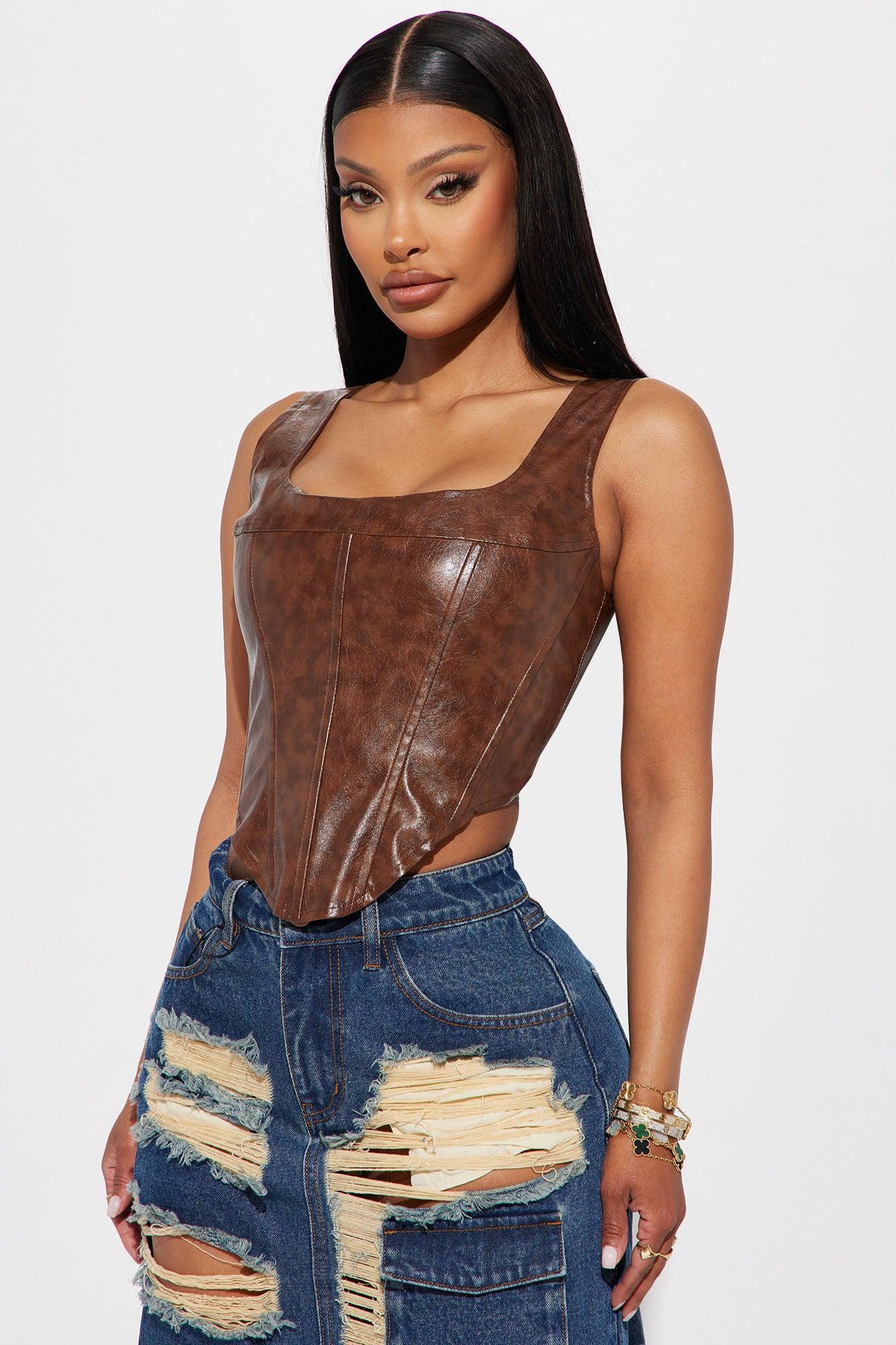 Kianna Washed Faux Leather Corset Top - Brown Product Image